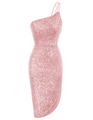 Women's Sexy Sequin Sparkly Glitter Party Club Dress One Shoulder Spaghetti Straps Curved Hem Wrap Bodycon Dress