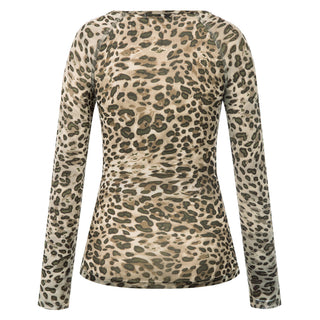 Leopard Pattern Mesh T-Shirt Tops Long Raglan Sleeves