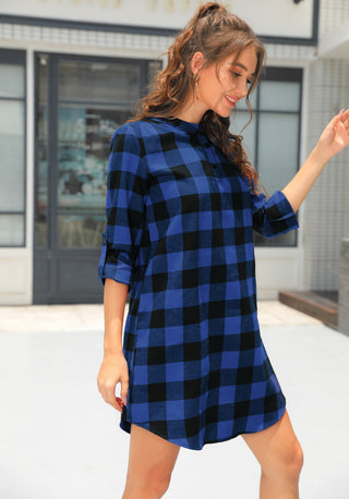 Loose Fit Plaided Dress Roll-up Sleeves Button-up Neck T-Shirt Dress