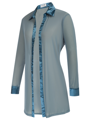 Long Sleeve Lapel Collar See-Through Mesh Fabric Cover-Up Shirt