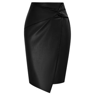 PU Leather Pencil Skirt Knee Length Knot-Front Hips-Wrapped Skirt